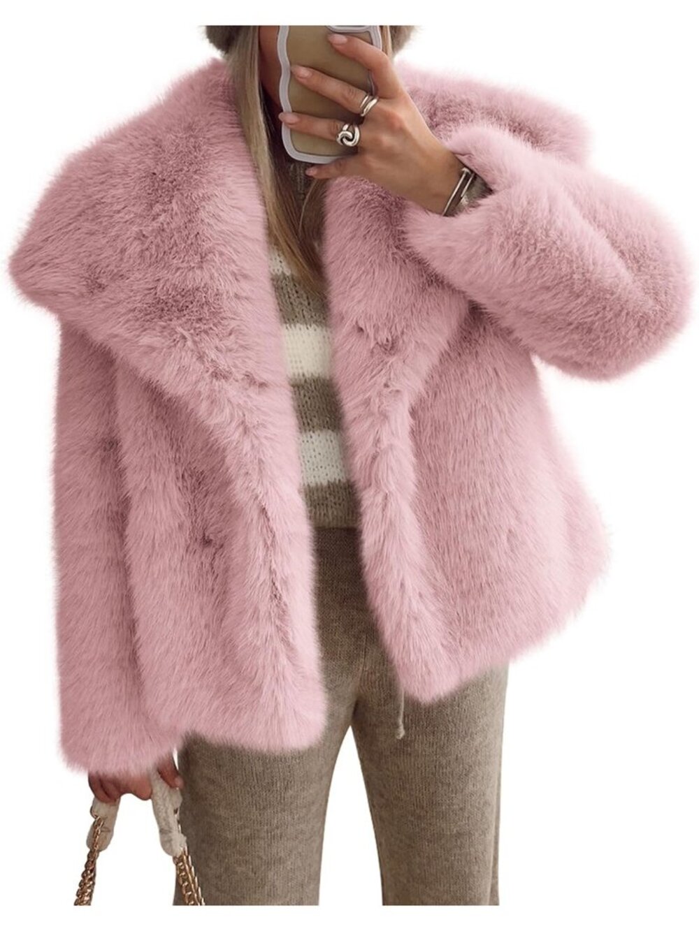 Women's Pink Winter Coats Faux Fur Oversized Jackets Shaggy Hidden Button